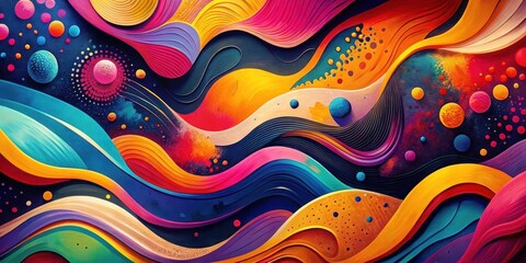 Wall Mural - Abstract Colorful Waves and Spheres A Vibrant, Dreamlike Composition of Curving Lines and Floating Orbs in a Multi-hued Palette