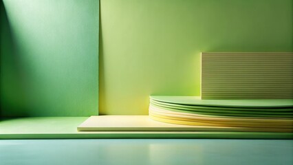 Wall Mural - Abstract Green and Yellow Layered Display Platform with Textured Background