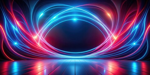 Wall Mural - abstract neon light trails swirling around a dark stage with reflective floor