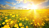 A field of buttercups glowing brightly under the spring sun, creating a golden blanket over the meadow