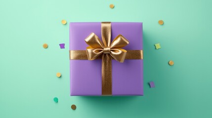 Wall Mural - Colorful gift box with golden ribbon on a teal background