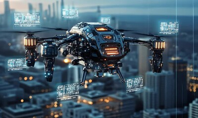 Poster - Futuristic drone city flight data analysis