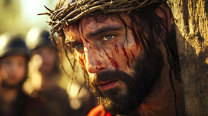 A close-up view of Jesus’ face, weary but determined, carrying a rugged cross on His shoulders, Roman soldiers standing watch behind Him, children gazing in awe from the sidelines,