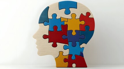 Leinwandbilder - Detailed puzzle design of a human head missing a blue piece representing mental clarity and problem solving on a softly blended gradient background with high