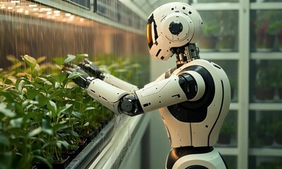 Fototapete - Robot tending plants in indoor farm