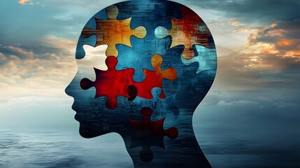 Poster - Conceptual depicting the abstract and complex nature of cognitive psychology psychotherapy and mental health challenges  The image features a human head silhouette composed of colorful puzzle pieces