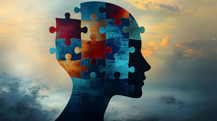 Poster - Abstract digital of a silhouetted human head composed of colorful puzzle pieces symbolizing the complexities and challenges of mental health cognitive psychology and psychotherapy
