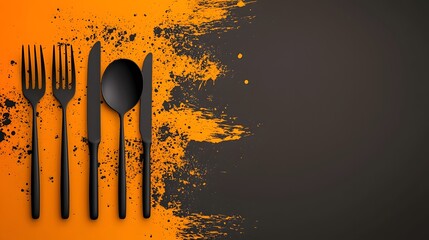 Poster - Abstract minimalist design featuring a set of catering icons including a fork spoon knife and chef hat on a plain backdrop