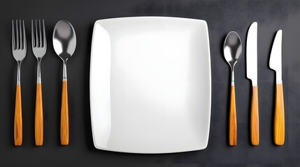 Poster - Minimalist Contemporary Dining Catering Icon Set Featuring White Plate with Fork Spoon