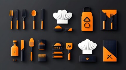 Aufkleber - Sleek and Detailed Catering Icon Set Showcasing Essential Culinary Symbols Including Chef Hat Fork Spoon Dining Table and More for Branding Restaurant Menus and Kitchen Visuals