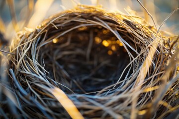 Empty bird's nest with natural framing composition and morning light on detail of materials