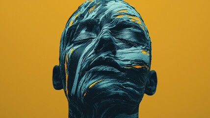 Wall Mural - Makeup Trends Concepts. Abstract sculpture of a head with vibrant paint against a yellow background.