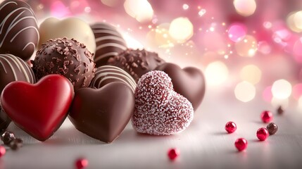 Aufkleber - Exquisite heart shaped chocolate pralines truffles and other premium cocoa dusted confections beautifully arranged on a clean white background for a charming Valentine s Day display