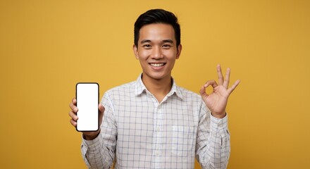 Smiling handsome young Asian man wearing a white checkered shirt showing a mobile phone with a blank screen and okay sign isolated over yellow background. People Lifestyle Concept
