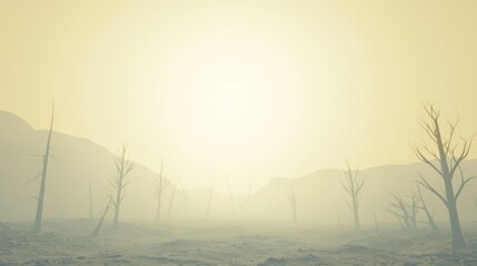 Wall Mural - Faint Rays of Dawn Light Revealing a Misty Landscape at Sunrise