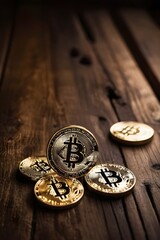 Wall Mural - Golden Bitcoins on Wood