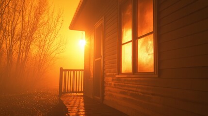 Canvas Print - Warm Ember Glow through House Windows at Dusk with Misty Background