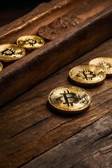 Wall Mural - Golden Bitcoins on Wood