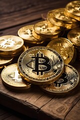 Wall Mural - Golden Bitcoins on Wood