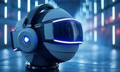 Fototapete - Futuristic VR headset, blue neon background, tech demo