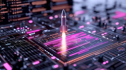 Rocket launching from digital circuit board; futuristic background; startup concept
