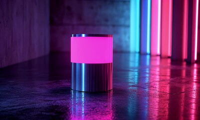 Poster - Pink neon lamp, metallic base, urban backdrop, reflective floor, product display