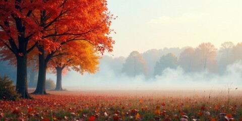 Wall Mural - Serene autumn morning mist shrouding a field of fallen leaves with vibrant red and gold trees standing tall