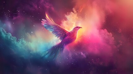 Wall Mural - Colorful bird soaring through a vibrant nebula.