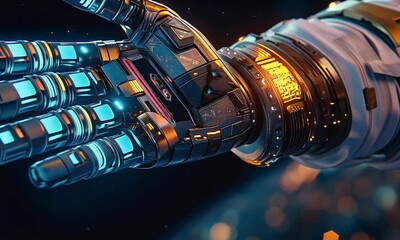 Fototapete - Robotic hand reaching, futuristic space backdrop