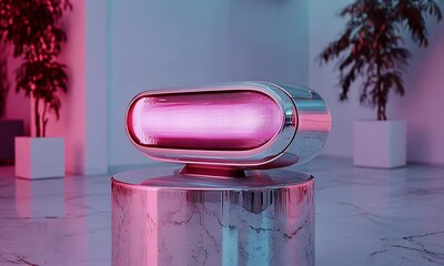 Fototapete - Pink futuristic device on marble, modern room