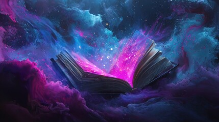 Wall Mural - magical open book glowing with cosmic energy amidst vibrant nebula clouds.