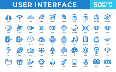 Poster - User Interface icons set with pen, headset, cloud, airplane, unlock, lock, power saving, smart view icon. Simple retro vector 
