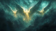 © Thuyet - Angels hovering above the suffering, their glowing forms illuminated against a dark, stormy sky, their faces filled with sorrow as they look down, faint beams of light radiating from their wings,
