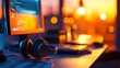 © leymart - Sunset-lit desk with computer, headphones, and keyboard; programmer's workspace.