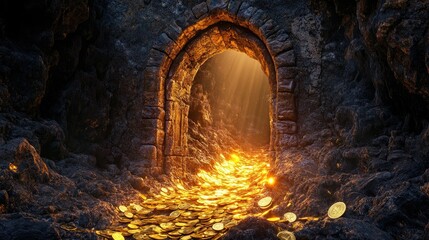 Sticker - A mystical arched stone doorway unveiling a trail of gold coins glowing warmly, with textured stone walls adding an ancient vibe