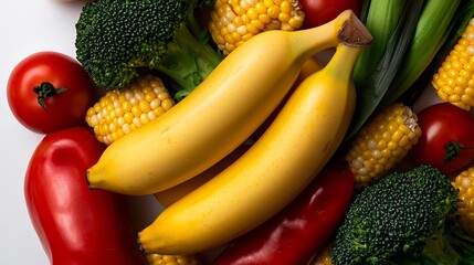 Wall Mural - Vibrant Still Life of Fresh Produce: Bananas, Corn, Tomatoes, and Broccoli