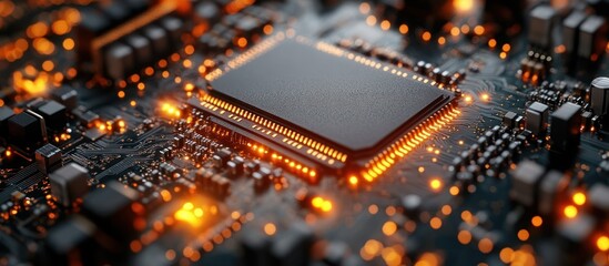 Wall Mural - close-up of illuminated microchip on circuit board.