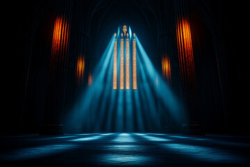 dark interior of abandoned medieval cathedral with illuminated stained glass windows. Light beams create mystical atmosphere, enhancing sense of history and solitude