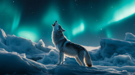  wolf howling under northern lights in snowy landscape, creating serene and mystical atmosphere. vibrant colors of aurora borealis enhance beauty of scene