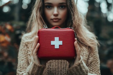 Wall Mural - Woman holding a red first aid kit with a white cross, symbolizing safety and preparedness