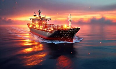 Wall Mural - a digitally rendered cargo ship illuminated by a sunset, showcasing a futuristic design.