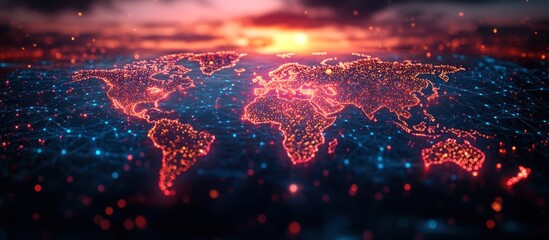 Global network connection, world map at sunset.