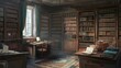 © Windi - Sunlit antique library interior, desks, books, research