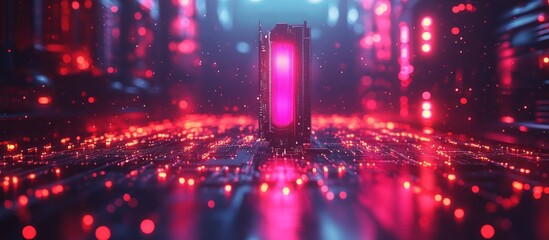 Wall Mural - futuristic glowing pink data core on circuit board.