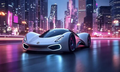 Fototapete - Futuristic car drives city night, neon lights