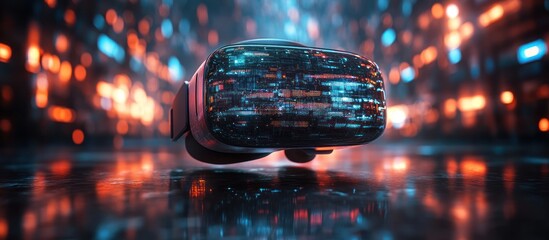 Futuristic VR headset with digital code displayed on screen, reflecting on a shiny surface with a bokeh background.