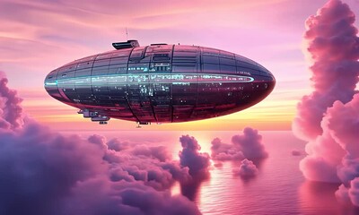 Fototapete - Futuristic airship above clouds at sunset; concept art