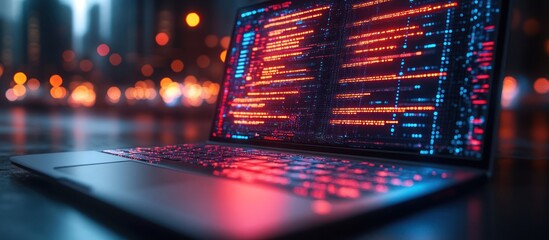 Laptop displaying glowing code at night.