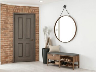 Wall Mural - Modern hallway interior with a big round mirror and shoe storage bench positioned near a rustic brick wall, brick wall, round mirror, stylish