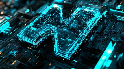 Letter N Glowing Neon Circuitry Design Abstract Technology Futuristic Background Closeup.